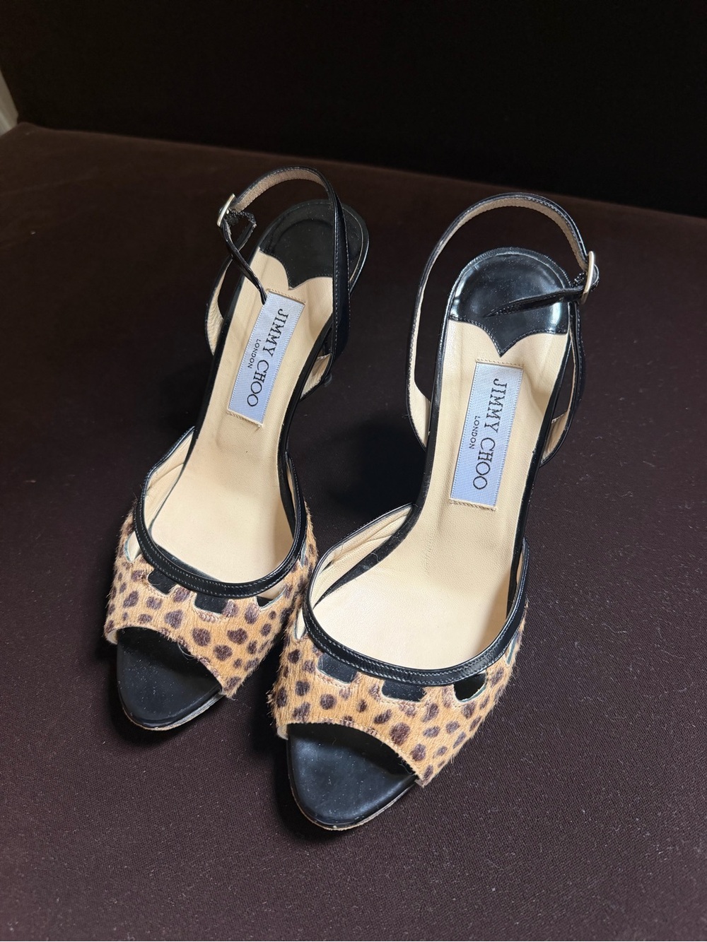 Jimmy Choo Leopard-Print Peep-Toe Slingback Heels - Black & Tan
